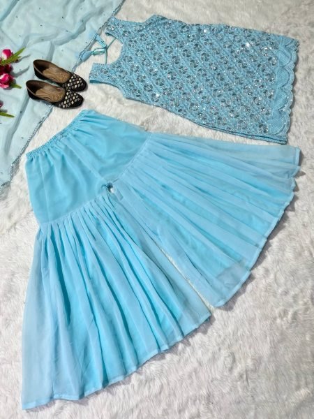 Party Wear Heavy Georgette Sequence Work Sharara Set  3 Piece Kurti Set