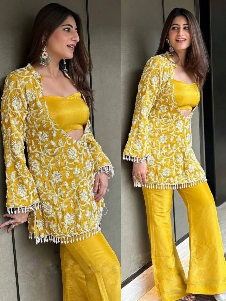 Party Wear Indo Western Faux Georgette Embroidery Sequins Work 3 Piece Suit Set Ready To Wear Suit