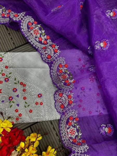 Party Wear Ladies  Purple Colour Saree Organza Sarees Wholesale