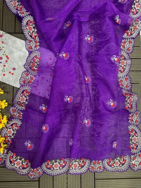 Party Wear Ladies  Purple Colour Saree Organza Sarees Wholesale