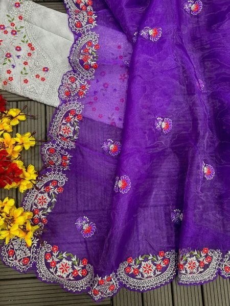 Party Wear Ladies  Purple Colour Saree Organza Sarees Wholesale
