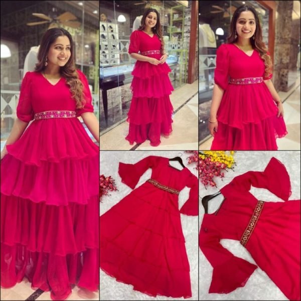 Party Wear Look Georgette Gown With Fancy Belt  Ready To Wear Collection