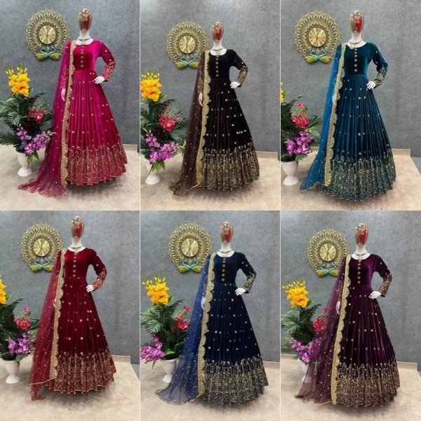  Party Wear Look Heavy Viscos Velvet With Heavy Embroidery Work Gown With Dupatta  Ready To Wear Collection