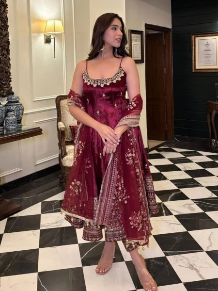 party wear maroon anarkali suit set zari sequins 3 piece gown outfit 