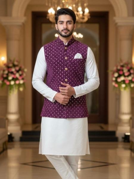 Party Wear Mens Kurta Pyjama with Sequence Jari Work Velvet Nehru Jacket Koti Set 