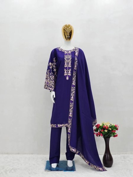 Party Wear Purple Color Heavy Chine Work Top Pant And Designer Dupatta Ready To Wear Collection