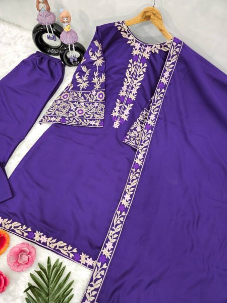 Party Wear Purple Color Heavy Chine Work Top Pant And Designer Dupatta Ready To Wear Collection