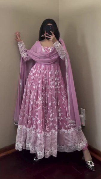 Party Wear, Reception Baby Pink Georgette fabric Anarkali Suit Set With Dupatta For Women |Online Georgette Kurti 