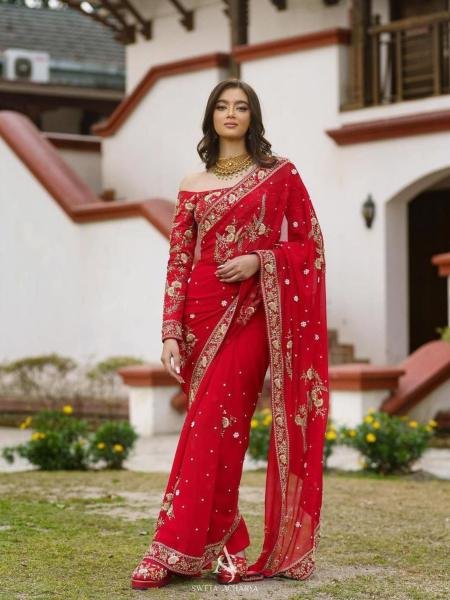 Party Wear Red Color Georgette Saree with Stunning Zari & Moti Work Sarees 