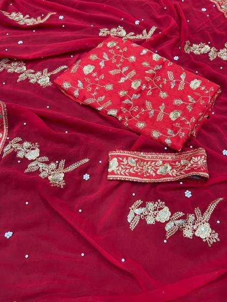 Party Wear Red Color Georgette Saree with Stunning Zari & Moti Work Georgette Sarees Wholesale