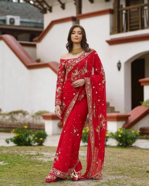 Party Wear Red Color Georgette Saree with Stunning Zari & Moti Work Georgette Sarees Wholesale