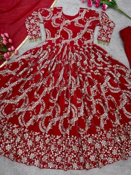 Party Wear Red Faux Georgette Gown With Embroidery Sequence Work  Ready To Wear Collection