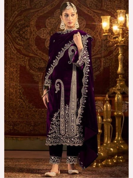 Party Wear Royal Purple Velvet  Kurti set with Heavy Emboridery Sequence work Ready To Wear Collection