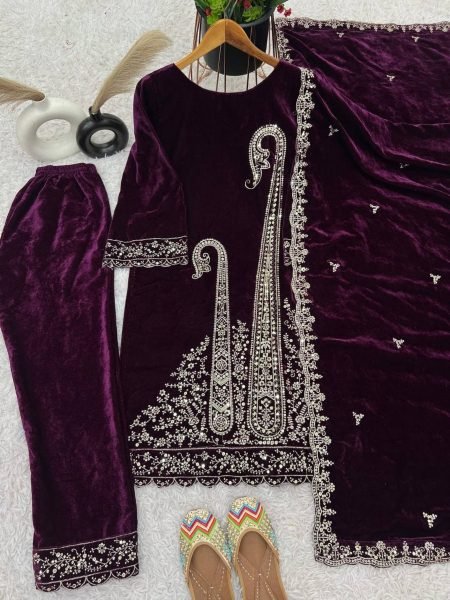 Party Wear Royal Purple Velvet  Kurti set with Heavy Emboridery Sequence work Ready To Wear Collection