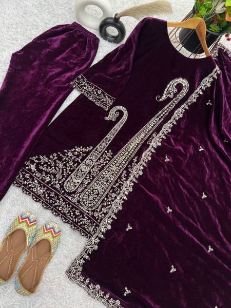 Party Wear Royal Purple Velvet  Kurti set with Heavy Emboridery Sequence work Ready To Wear Collection