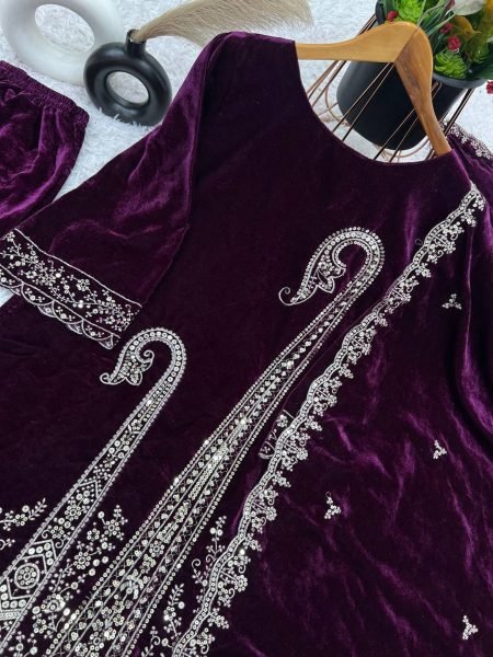 Party Wear Royal Purple Velvet  Kurti set with Heavy Emboridery Sequence work Ready To Wear Collection