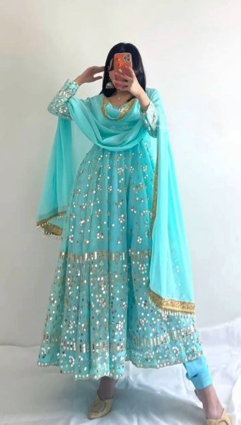 Party Wear Sky Blue Sequence Anarkali Gown  Ready To Wear Collection