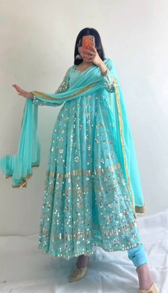 Party Wear Sky Blue Sequence Anarkali Gown  Ready To Wear Collection