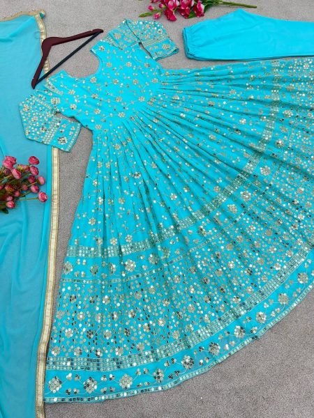 Party Wear Sky Blue Sequence Anarkali Gown  Ready To Wear Collection