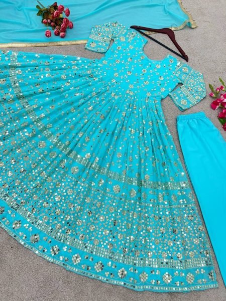 Party Wear Sky Blue Sequence Anarkali Gown  Ready To Wear Collection