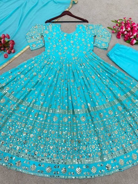 Party Wear Sky Blue Sequence Anarkali Gown  Ready To Wear Collection