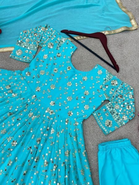 Party Wear Sky Blue Sequence Anarkali Gown  Ready To Wear Collection