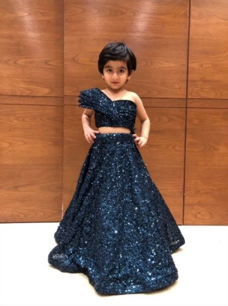 Party Wear Soft Net Crop Top   Lehenga With One Side Shoulder Pattern  Girls Wear