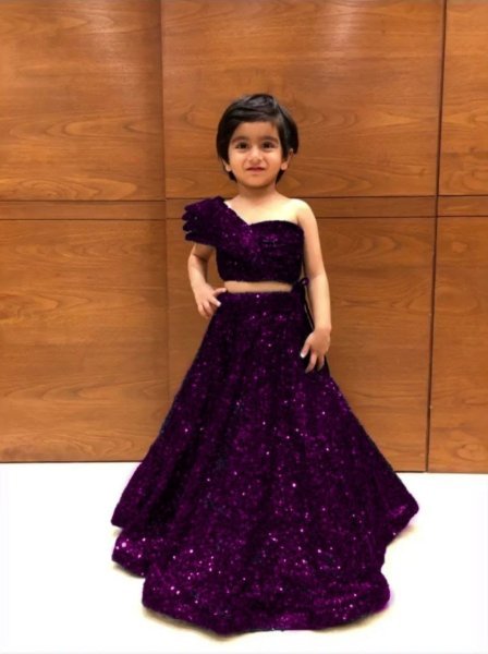 Party Wear Soft Net Crop Top   Lehenga With One Side Shoulder Pattern  Girls Wear