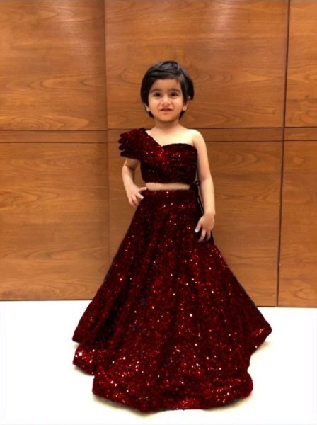 Party Wear Soft Net Crop Top   Lehenga With One Side Shoulder Pattern  Girls Wear