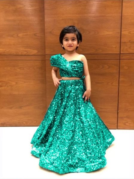 Party Wear Soft Net Crop Top   Lehenga With One Side Shoulder Pattern  Girls Wear