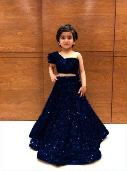 Party Wear Soft Net Crop Top   Lehenga With One Side Shoulder Pattern  Girls Wear