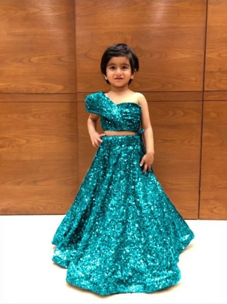Party Wear Soft Net Crop Top   Lehenga With One Side Shoulder Pattern  Girls Wear