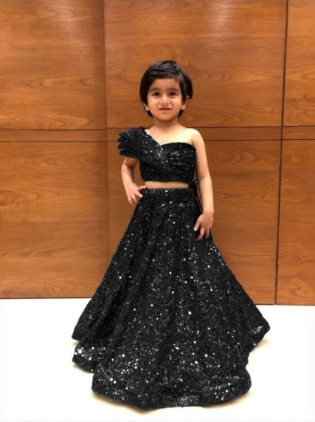 Party Wear Soft Net Crop Top   Lehenga With One Side Shoulder Pattern  Girls Wear