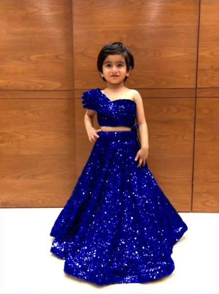 Party Wear Soft Net Crop Top   Lehenga With One Side Shoulder Pattern  Girls Wear