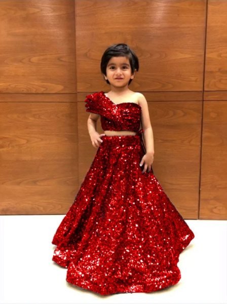 Party Wear Soft Net Crop Top   Lehenga With One Side Shoulder Pattern  Girls Wear