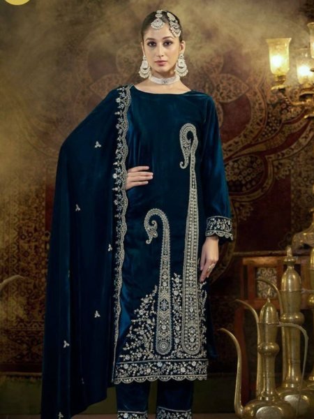 Party Wear Teal Blue Velvet  Kurti set with Heavy Emboridery Sequence work