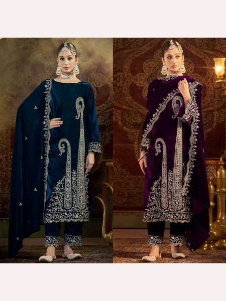 Party Wear Teal Blue Velvet  Kurti set with Heavy Emboridery Sequence work Ready To Wear Collection