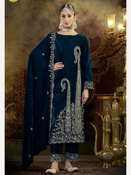 Party Wear Teal Blue Velvet  Kurti set with Heavy Emboridery Sequence work Ready To Wear Collection