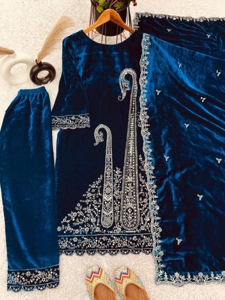 Party Wear Teal Blue Velvet  Kurti set with Heavy Emboridery Sequence work Ready To Wear Collection
