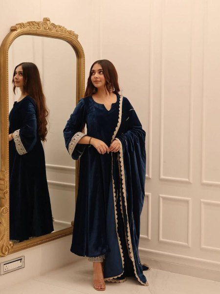 Party Wear Velvet Gown Set with Pant and Embroidered Dupatta Collection Ready To Wear Suit