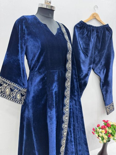 Party Wear Velvet Gown Set with Pant and Embroidered Dupatta Collection Ready To Wear Collection