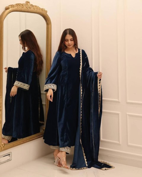 Party Wear Velvet Gown Set with Pant and Embroidered Dupatta Collection Ready To Wear Collection