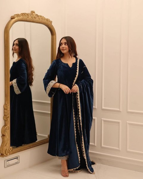 Party Wear Velvet Gown Set with Pant and Embroidered Dupatta Collection Ready To Wear Collection