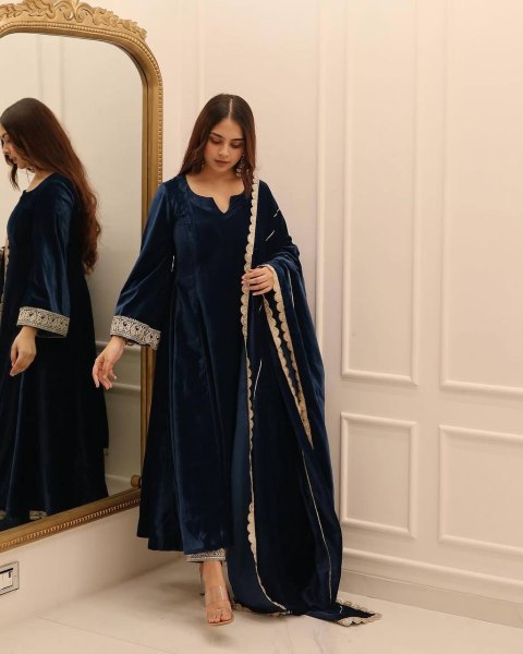 Party Wear Velvet Gown Set with Pant and Embroidered Dupatta Collection Ready To Wear Collection