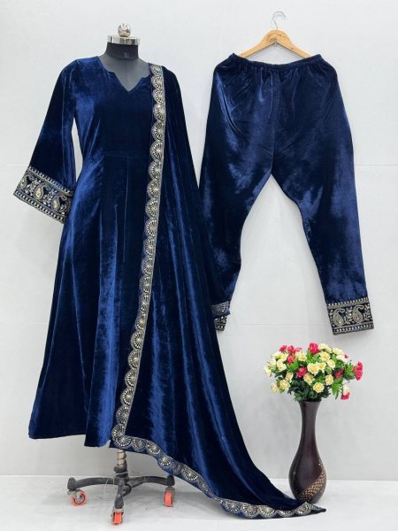 Party Wear Velvet Gown Set with Pant and Embroidered Dupatta Collection Ready To Wear Collection