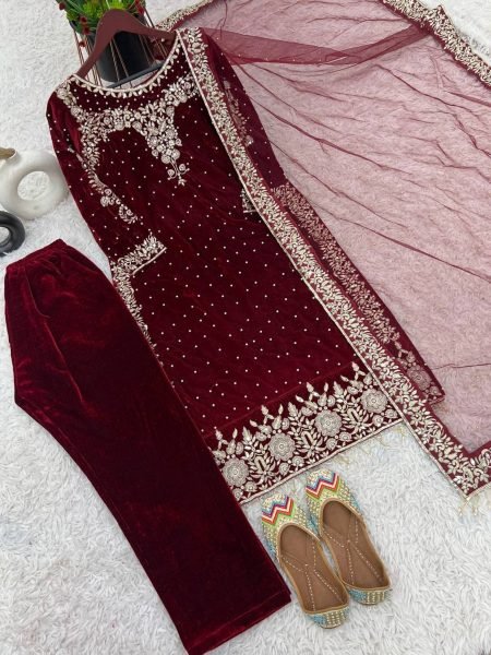 Party Wear Viscose Velvet With Embroidery Sequence Work  Ready To Wear Collection