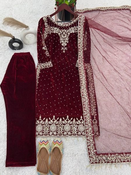 Party Wear Viscose Velvet With Embroidery Sequence Work  Ready To Wear Collection