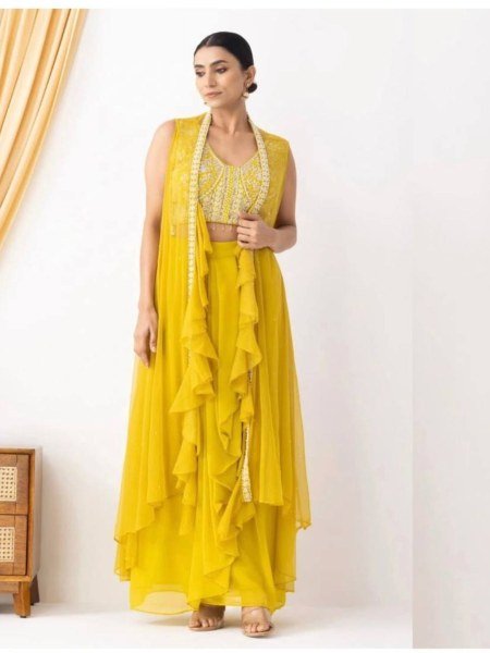 Party Wear Yellow Georgette Dhoti Style Suit Embroidered Blouse & Lace Dhoti with Ruffle Koti Best Seller 