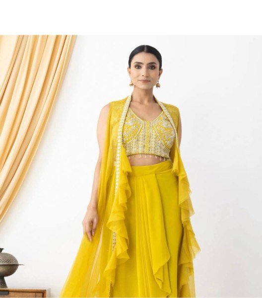 Party Wear Yellow Georgette Dhoti Style Suit Embroidered Blouse & Lace Dhoti with Ruffle Koti Best Seller  Ready To Wear Collection