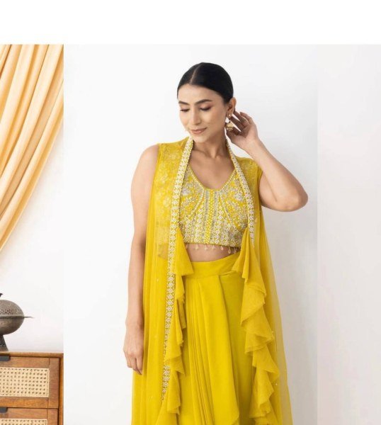 Party Wear Yellow Georgette Dhoti Style Suit Embroidered Blouse & Lace Dhoti with Ruffle Koti Best Seller  Ready To Wear Collection